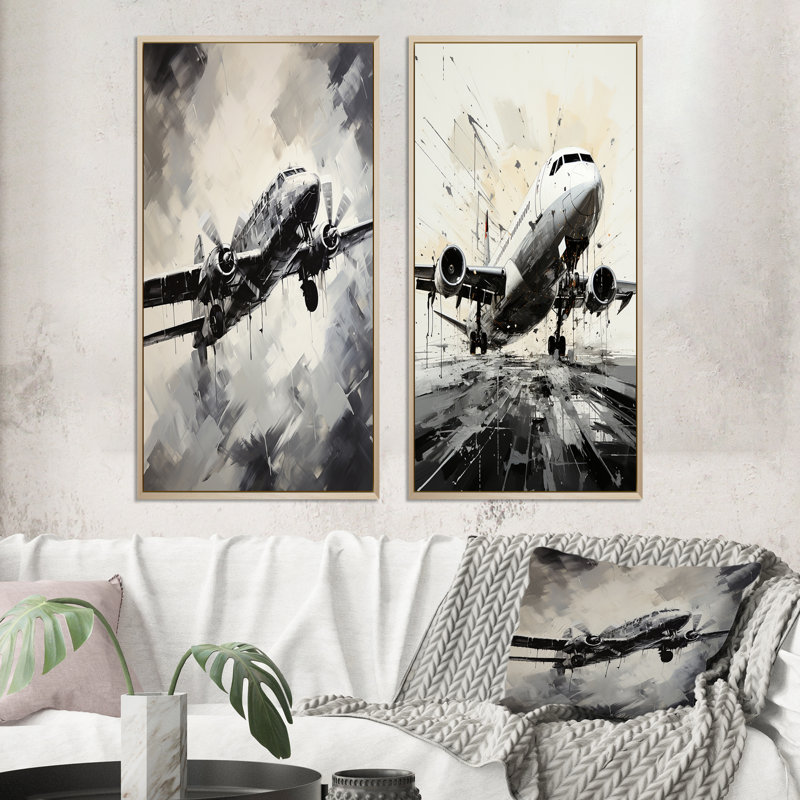 «Avion monochromatique en vol» - 2 pièces, Encadrement brun, H 40 po x l 40 po