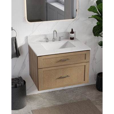 30" Floating Wall Mounted Single Bathroom Vanity With Carrara Quartz Top