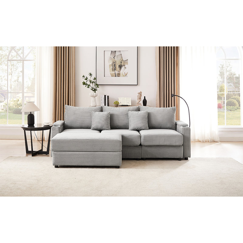 Canapé modulaire gris 95,3 po avec deux portes, porte-gobelets et rangement pour une ambiance détendue