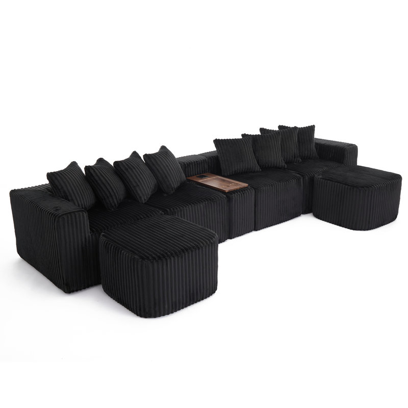 137.5" U Shaped Sofa , USB & Wireless Charge, Coffee Table Board With a Cup Holder, Oversize Movable Modular Sofa,Movable Footstool,No Assembly,6 Seats,Corduroy,Black