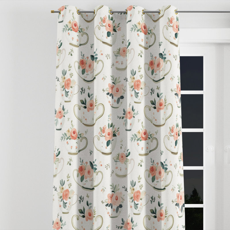 Vintage Look Window curtains - Country Farmhouse Teacup Heart Florals Grommet Curtain - 1 Panel, Gold Grommets, 52" W x 95" L
