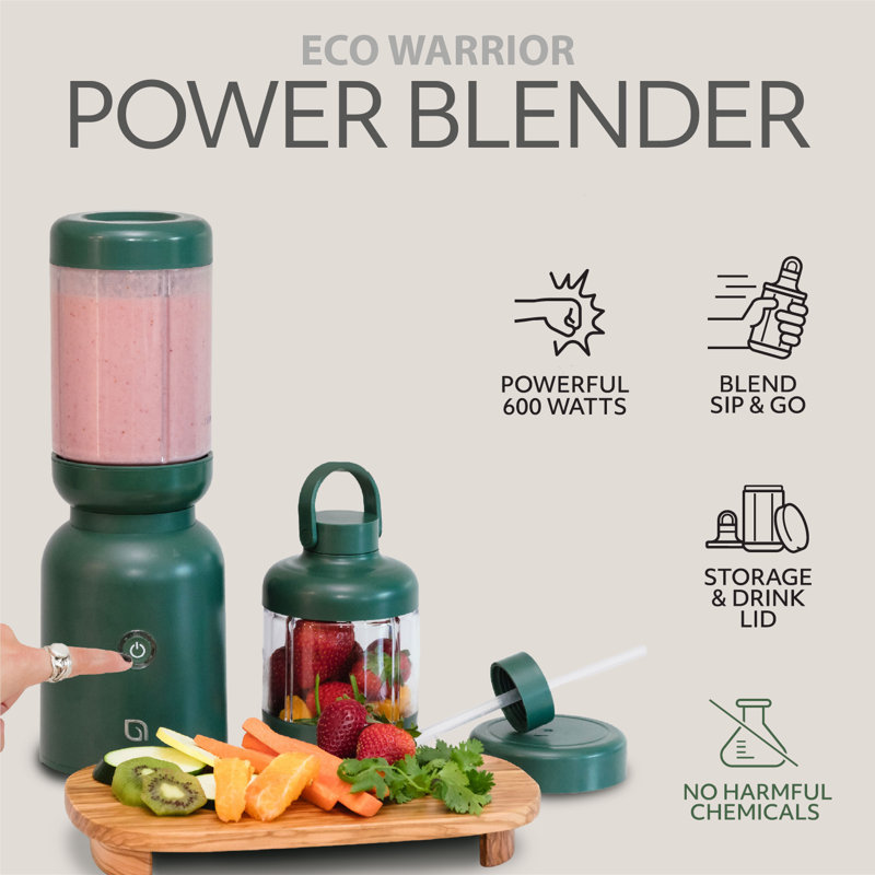 WILLOW Warrior Blender Crafted From 99% Recycled Plastics with Powerful Blending for Smoothies, Frozen Drinks Includes 2 To-Go Cups & Straw - GREEN
