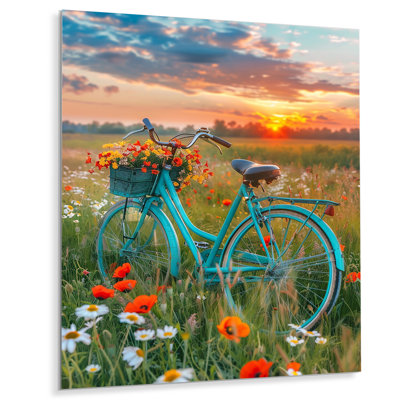 Blue Beach Bike In Spring Flower Field Sunset - Bicycle Wall Art Print