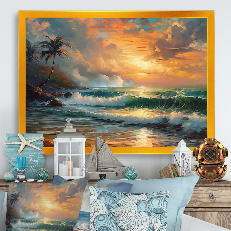 Orange et vert bord de mer Serenity II - art mural plage, salon, H 24 po x l 32 po x P 1 po, Encadrement doré