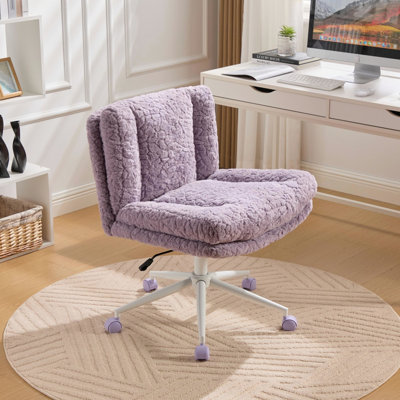 Fauteuil violet de 26,4 pouces de large, poils de lapin artificiels, faux tissu d'alpaga, base en métal réglable, coussin double, siège de bureau American Design, pivotant, idéal pour la chambre à coucher