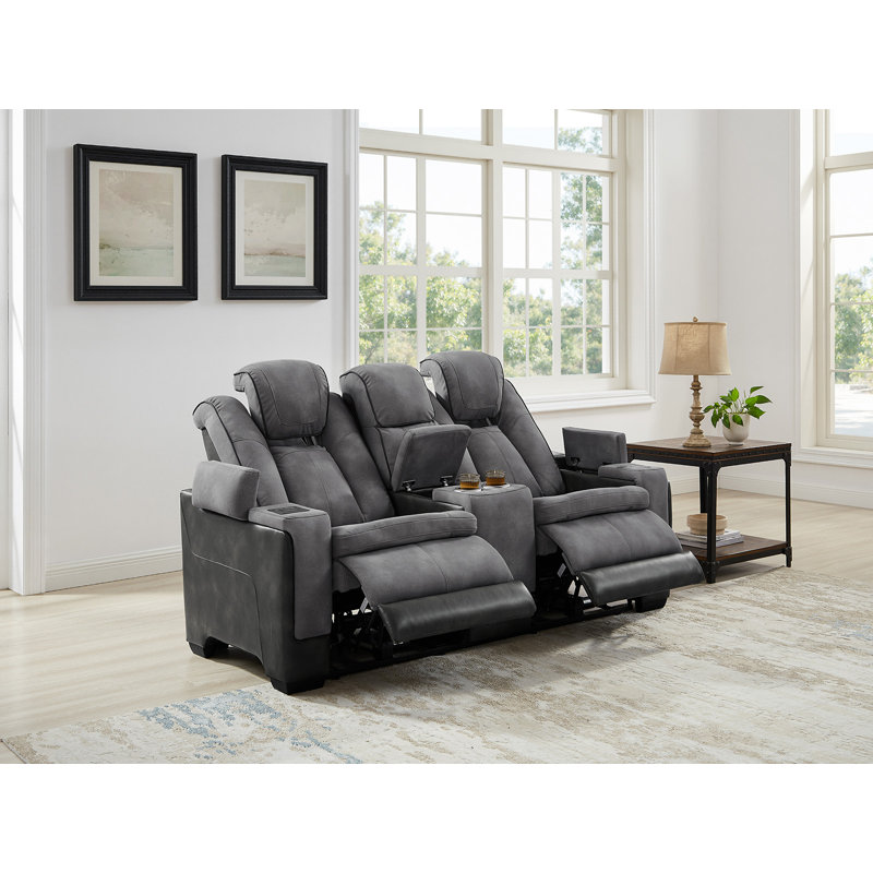75.5''Wide Breathable Leather Square Arms Power Reclining Loveseat With Storage Console And Wireless Charger, Gray
