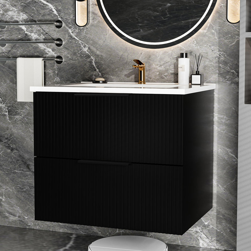 Meuble-lavabo suspendu noir de 61 cm (24 pouces) avec lavabo en céramique et premier tiroir en forme de U, protège des intrusions, fond et surface lisses.