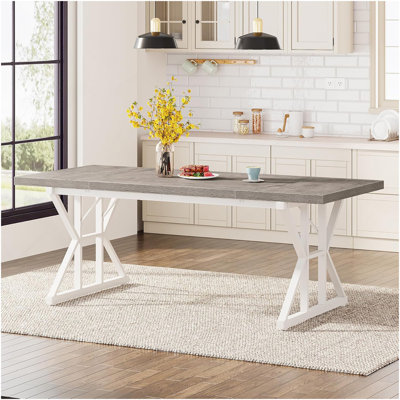 Table de salle à manger 71 po pour 6 personnes, table de cuisine rectangulaire rustique avec pieds en métal à tréteaux en X, table de salle à manger en bois pour la salle à manger, gris et blanc