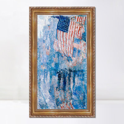 Framed Canvas Giclee Print Art The Avenue in The Rain, 1917 by Frederick Childe Hassam Wall Art Living Room Home Office Decorations(Embossed Gold Frame,22"x40")