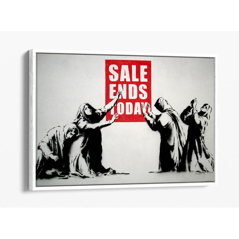 Banksy Sales Worshippers Canvas Floater Print Picture Art - Walnut Frame, 20.32 cm H x 30.48 cm W, White