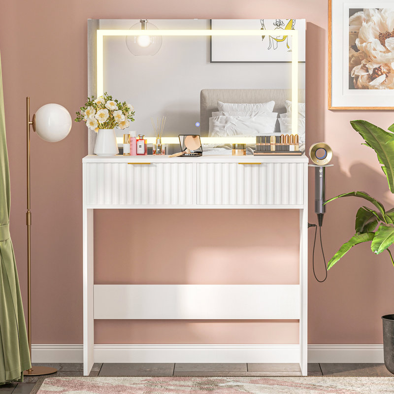 Modern Fluted Vanity Desk with Large LED Mirror – 3-Color Adjustable Lighting, 2 Drawers, Power Outlet, Hair Dryer Rack – Makeup Dressing Table – White,31.5"D x 13.78"W x 51.18"H
