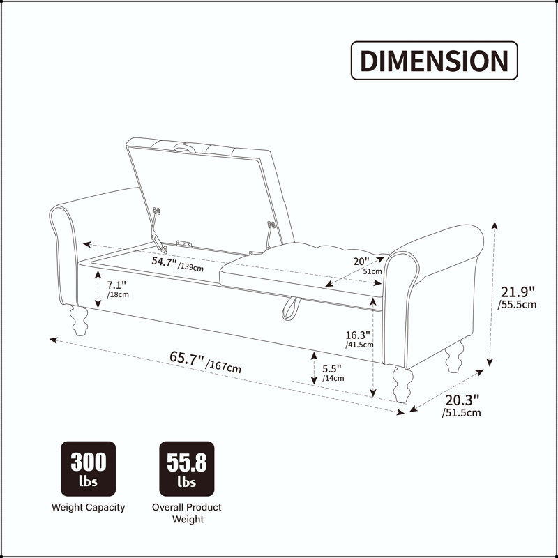 Banc de rangement rembourré 65,75 "avec double couvercle et accoudoirs roulés - noir