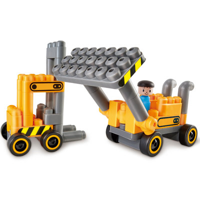 Hape: PolyM: Construction Site - Yellow-Grey - 43pc Building Blocks Toy Set, Figurine, Build & Play, Open Play & Inspiration Card, Toddlers & Kids 2+