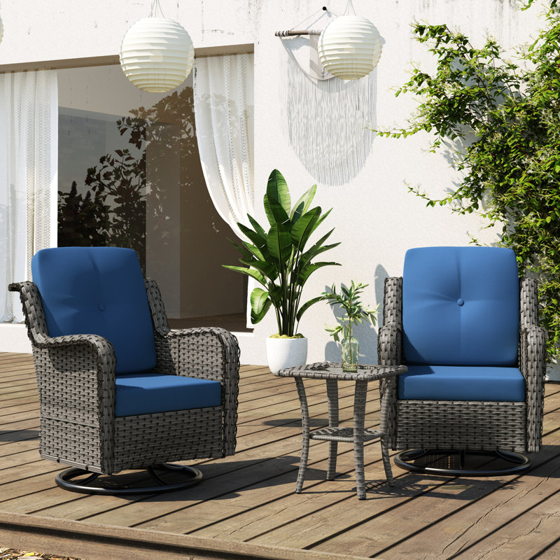 Auryanna Rattan Outdoor Furniture 2 Swivel Chairs with Waterproof Coushions and Glass Top Table Set, Gray, Blue