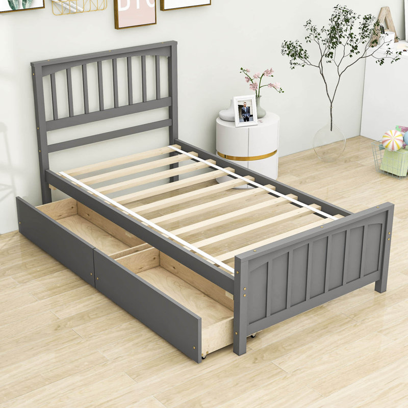 Lit plateforme simple à 2 tiroirs avec tête de lit, gris