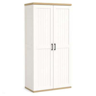 68.9" Tall Wooden Vacuum Storage Cabinet, Broom Closet Storage Cabinet with 2 Doors and Adjustable Shelves, Cleaning Tool Cabinet for Living Room, Laundry Room, Bathroom, Garage, Utility Room-White