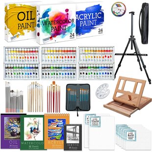 27-Piece Acrylic Paint Set for Kids - 100% Cotton Canvases, Wood Easel,  Brushes, Waterproof Smock, Mixing Palette - Portable and Easy Storage