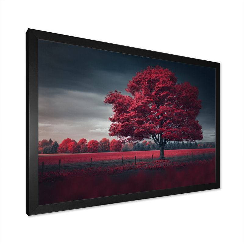 Arbre rouge majestueux solitaire dans la campagne I - impression, H 30 po x l 40 po x P 1,5 po, Cadre photo noir