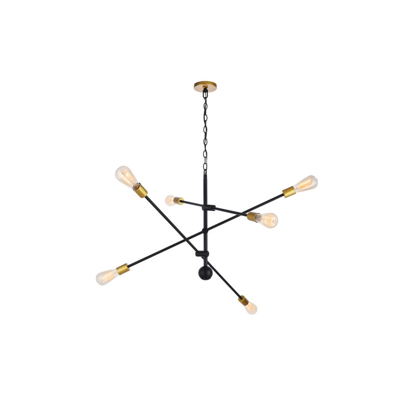 Lustre Spoutnik linéaire moderne Whelchel, Noir/laiton, Six lumières, H 21 po x l 42 po x P 42 po