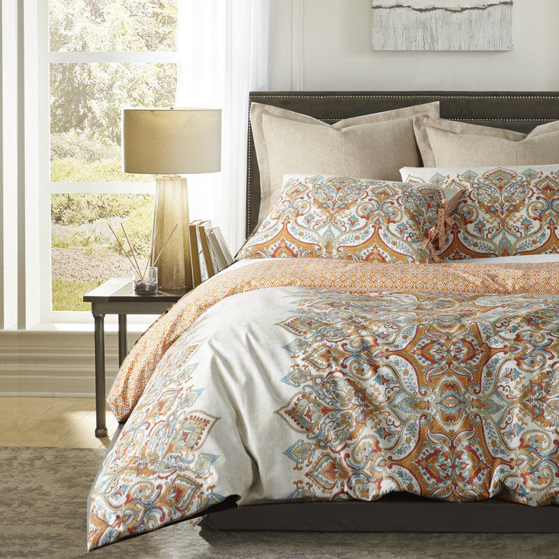 King California King Orange Teal Cotton Ikat Duvet Cover Set