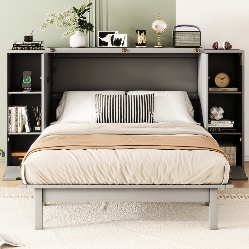 Full Size Bed With Storage And Port, Grey - Functional Space Saving For Home Gym Bedroom Drawers, Shelves . Space Compact Living. Stylish Gyms. Construction