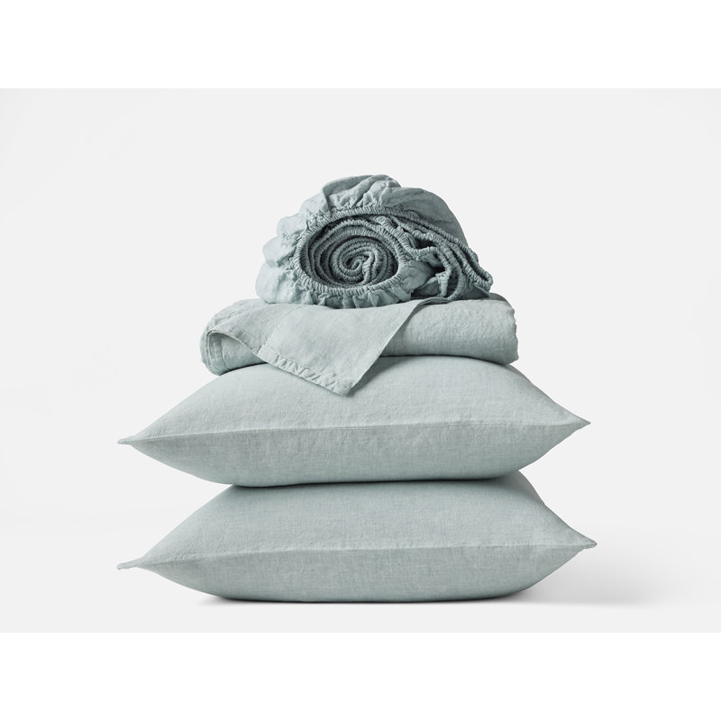 Organic Relaxed Belgian Flax Linen Standard Sheet Set, California King Sheet Set with 2 Pillowcases, Pacific Blue Chambray