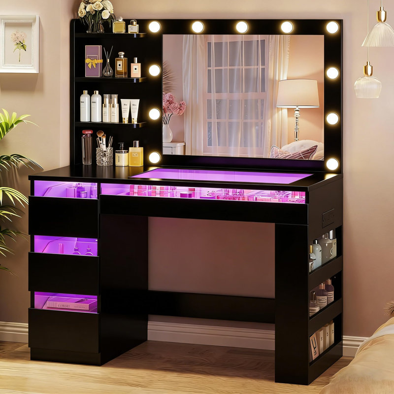 Bureau de coiffeuse avec miroir lumineux Melanni, Noir