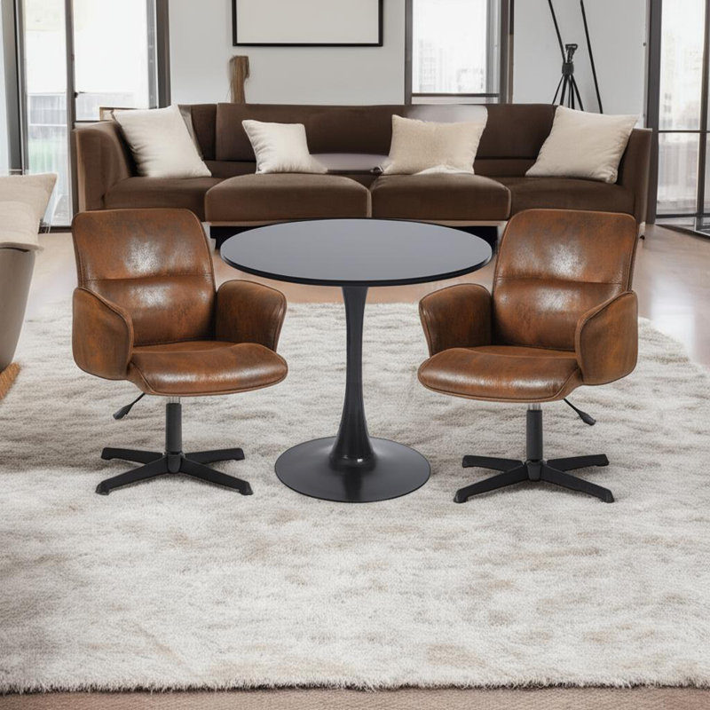 Ensemble de 3 chaises pivotantes et table ronde modernes réglables pour le salon, Brun, Noir