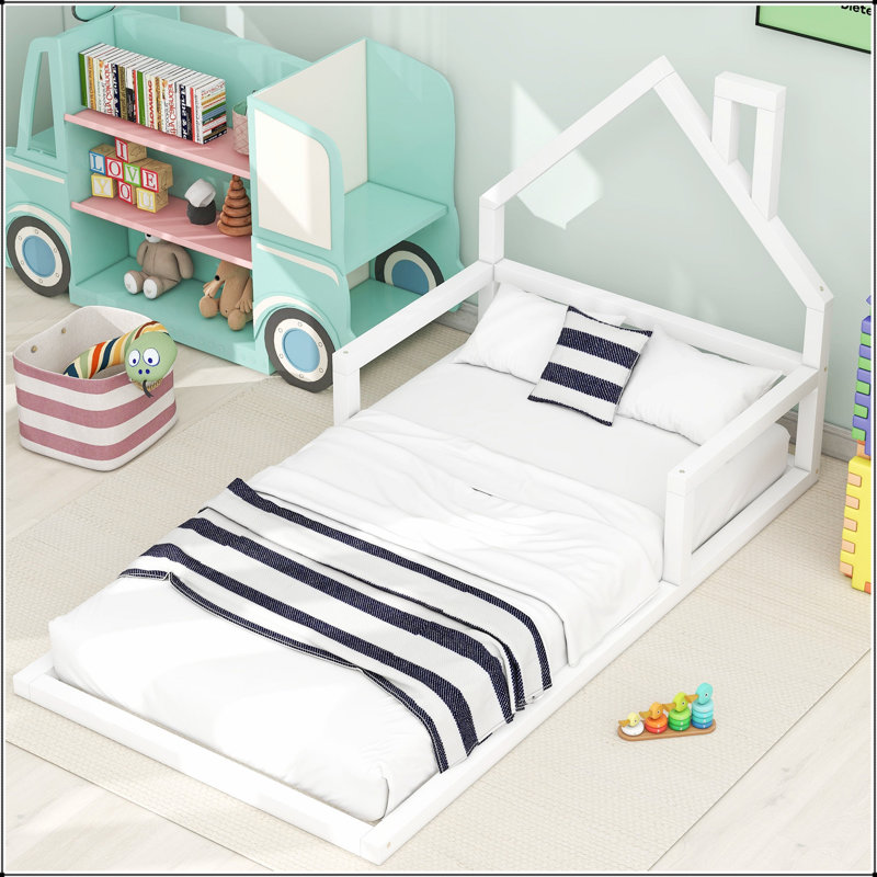 Wood Floor Bed With House-Shaped Headboard, Durable Solid Wood Construction For Cozy And Modern Bedrooms, Twin, White