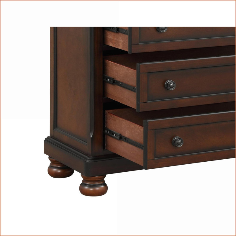 Commodes | Commode transitionnelle à 5 tiroirs, finition cerise brune | Placage de bouleau | Mélange brun | Bois