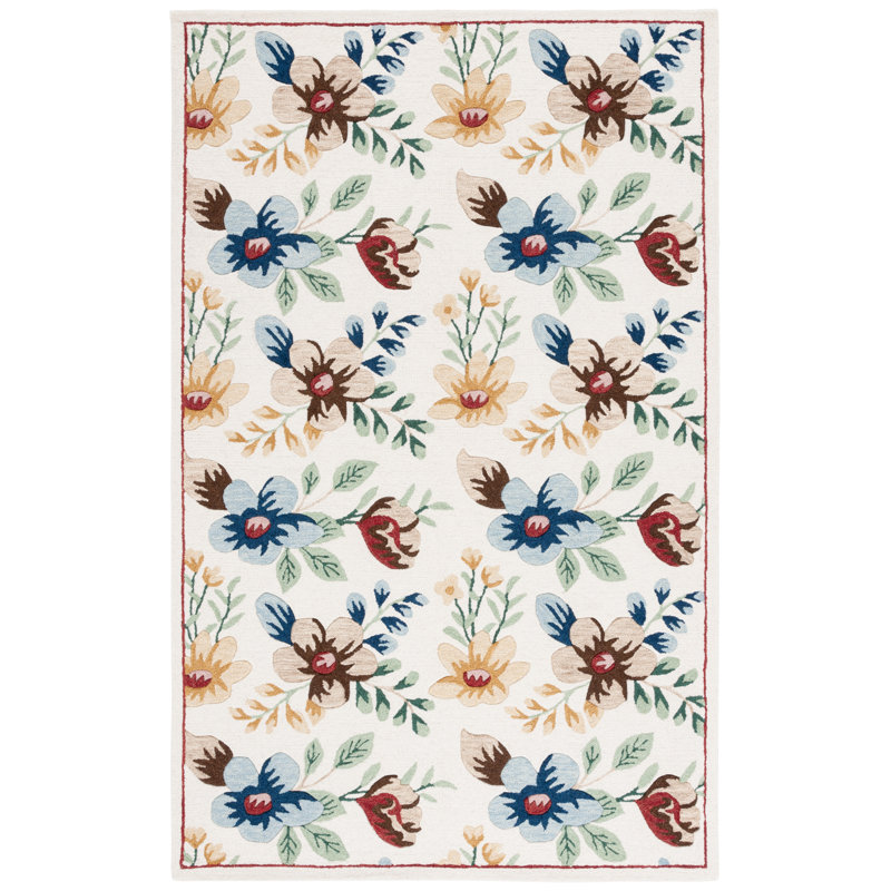 Abbeygail Hand Tufted Wool/Cotton Performance Floral Rug in Ivory/Blue, Rectangle 5' x 8'
