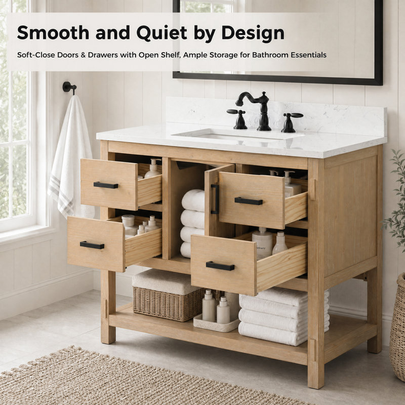 Marissa 42" Freestanding Single Bathroom Vanity with Engineered Stone Top, Teak White Rustic