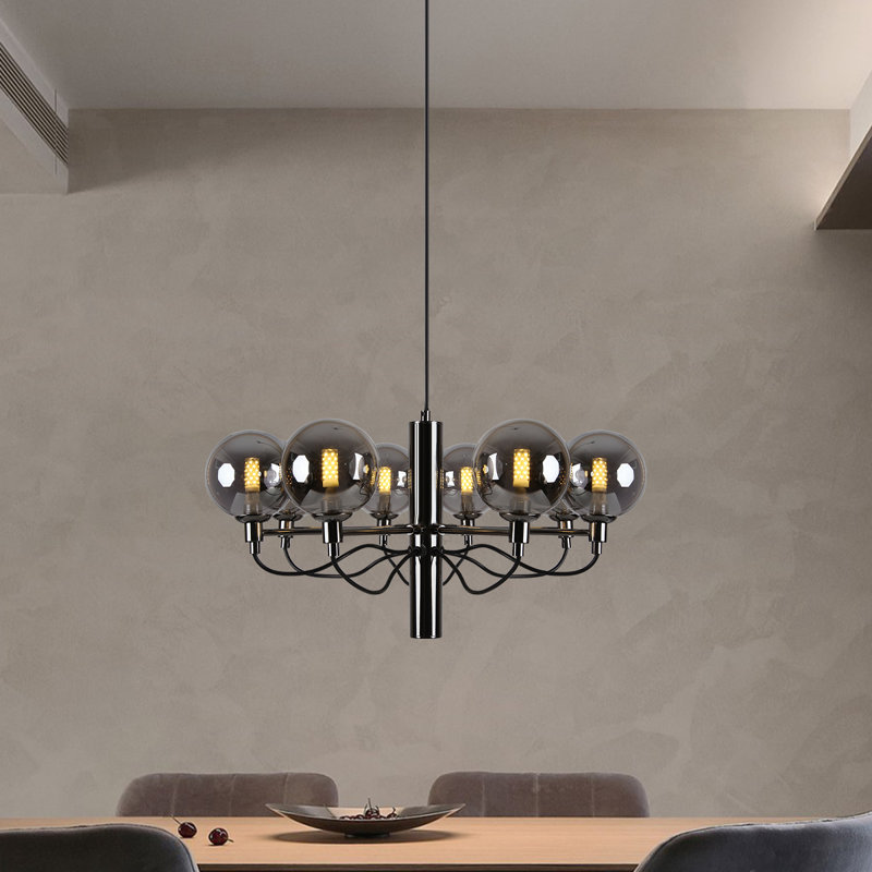 Stunning 8-Light Mid-Century Modern Sputnik Chandelier Smoke Gray Glass Globe Ceiling Light