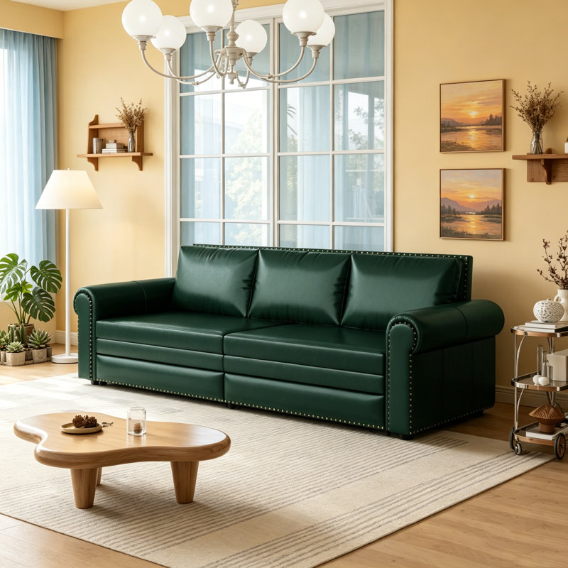 Chesterfield King Pull Out Sofa Bed, 3-In-1 Faux Leather Convertible Sleeper With Nailhead Trim & Rolled Arm, Multi-Functional And Stylish