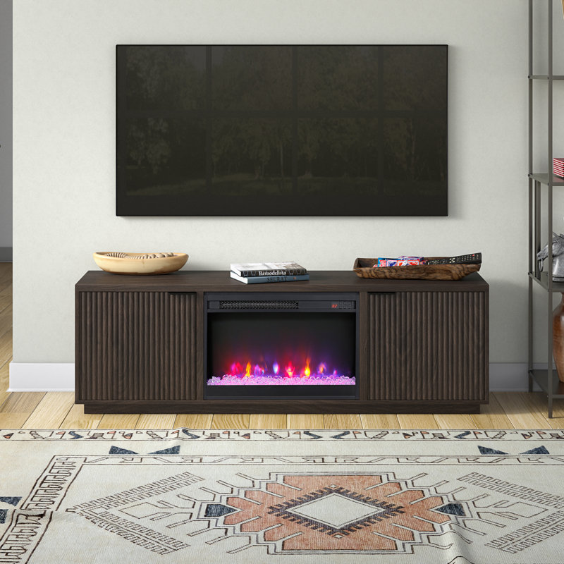 Mansfield Rectangular Fluted TV Stand with 26" Crystal Fireplace for TV's up to 78" in Alder Brown, Dark Brown Wood