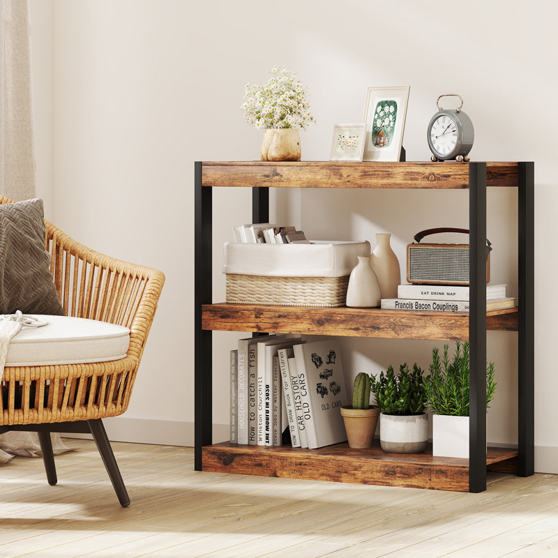 3 Tier Bookshelf Wooden Bookcase w/ Dual Anti-Tipping Kits Open Shelving Unit, Brown/Black