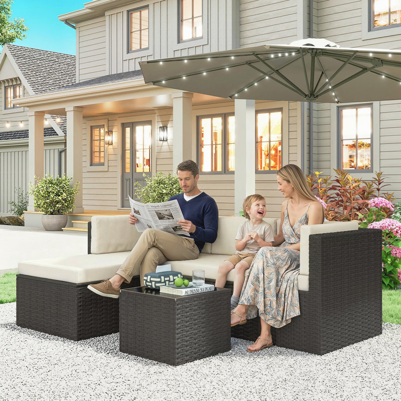 Ensemble de meubles de patio 3 pièces, ensemble de conversation en rotin avec coussins pour l'extérieur, Beige