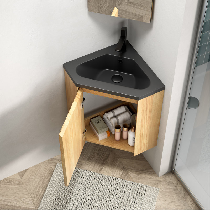 Meuble-lavabo de salle de bain ZURI de 30 po, armoire de rangement flottante triangulaire murale en contreplaqué avec une porte, lavabo intégré en résine noire, convient aux coins, préassemblé, couleur grain de bois naturel