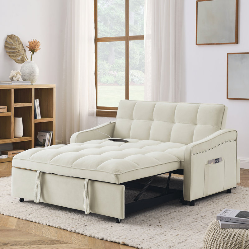 Collinward 53" W Murphy Sofa Bed Loveseat with Adjustable Tufted Back and USB Outlet, Beige Velvet, 31" H x 47" W x 36.5" D