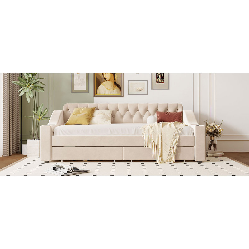 Lit de jour rembourré avec accoudoirs de rangement et port USB, Beige