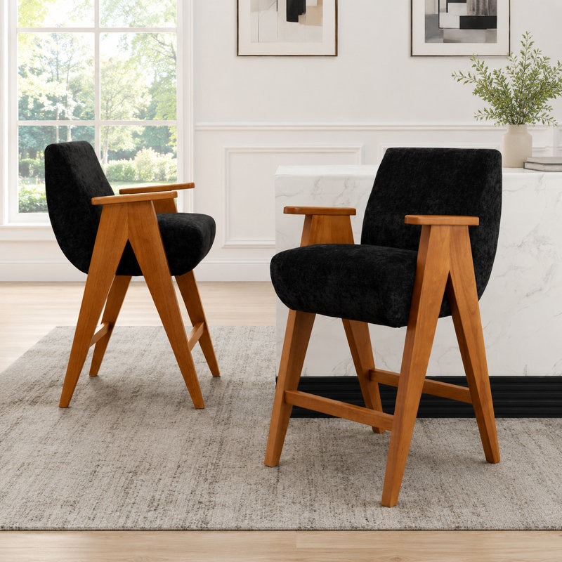 Tabouret de comptoir rembourré avec accoudoirs Kyajah, Noir
