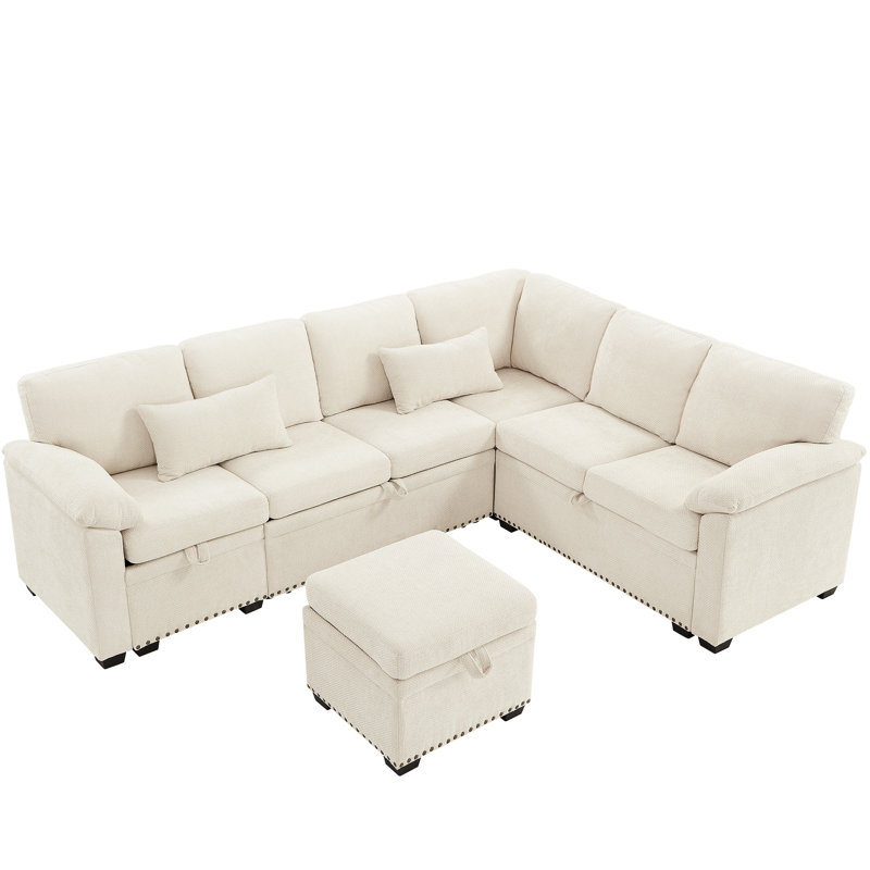 L-Shaped Chenille Sectional With 7 Seats, Storage, Beige, 97 Inch For Living Fabric Storage , Beige Room