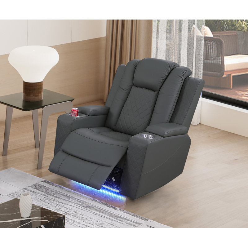 Power Pu-leather Recliner Single Chair With In-arm Storage & Led Base Lights, Gray