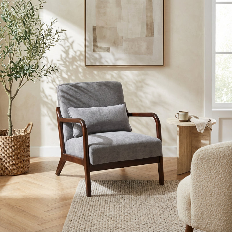 Fauteuil moderne avec structure en bois massif et coussin lombaire amovible, Beige, Naturel