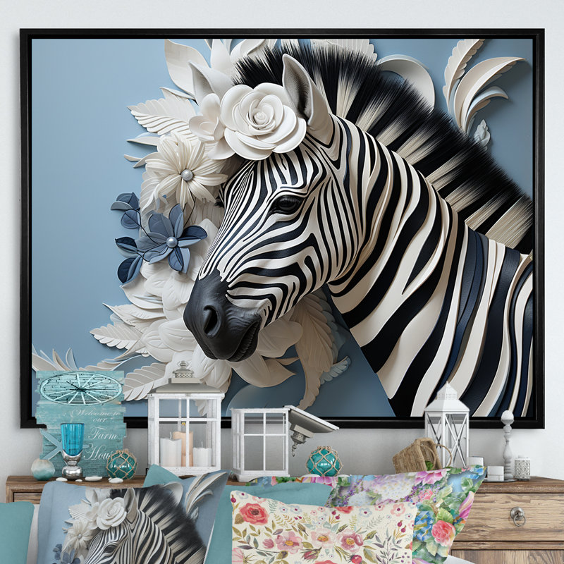 Zèbre noir et bleu de couleur pop III sur toile, Cadre flottant noir, H 12 po x l 20 po x P 1 po