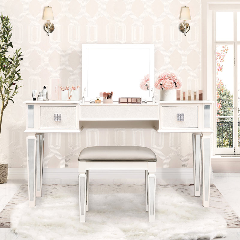 Bureau de maquillage en miroir pour chambre à coucher - coiffeuse avec 2 tiroirs, siège confortable et grand tabouret de rangement avec miroir