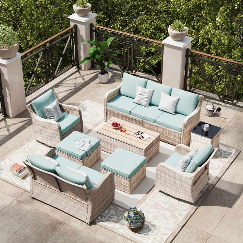 8 Pieces Patio Furniture Set, Patio Conversation Set With Swivel Rocking Chairs, Outdoor Wicker Sofa Couch With Waterproof Cushions For Lawn Backyard Porch