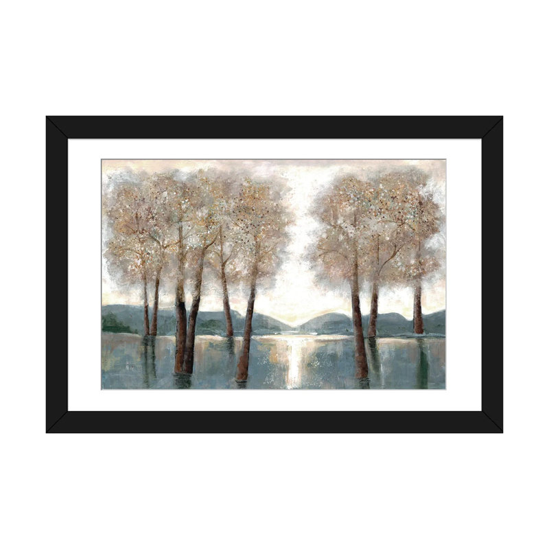 Approche du bois par Doris Charest - Peinture, H 16 po x l 24 po x P 1 po, Cadre noir, Blanc