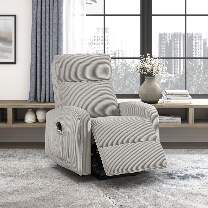 Light Gray Plush Corduroy Power Lift Recliner Chair - Contemporary Comfort With Side Pocket For Living Room, Light Gray