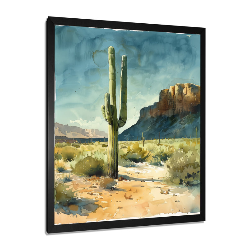 Cactus vert et gris, désert, rêve II - impression de cactus floral, H 20 po x l 12 po x P 1 po, Toile encadrée noire simple